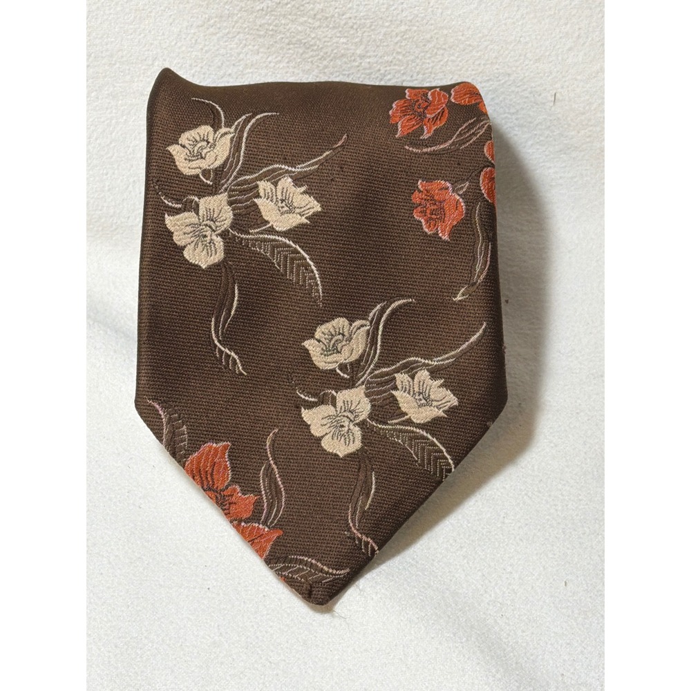 Vintage 70s Wide Necktie Brown Floral Rust Orange Cream Woven Retro Disco Tie
